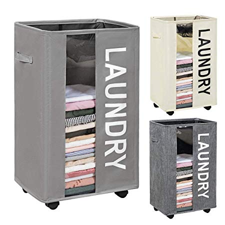 WOWLIVE 90L Laundry Hamper Large Rolling Laundry Basket with Wheels Collapsible Clothes Hamper with Clear Window and Carry Handles Rectangular Laundry Basket Bin 17"X13"X27"(Grey)