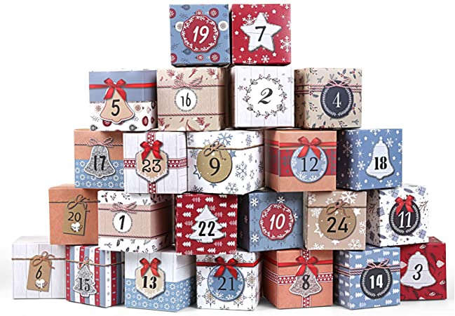 LIHAO Advent Calendar Box 2020, 24 Days Countdown to Christmas Printed Cardboard Gift Treasure Box - Make & Fill Your Own Advent Calendar for Party Present Decoration