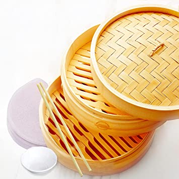 Mister Kitchenware 10 Inch Handmade Bamboo Steamer, 2 Tier Baskets, Healthy Cooking for Vegetables, Dim Sum Dumplings, Buns, Chicken Fish & Meat Included Chopsticks, 10 Liners & Sauce Dish