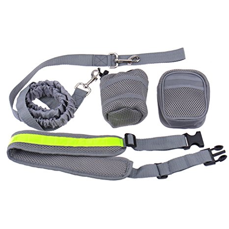 Grey Hands Free dog lead running Waist Belt Adjustable puppy Leash for Walking Running Jogging Hiking Biking Dog Treats Bag Bottle folder bag kit