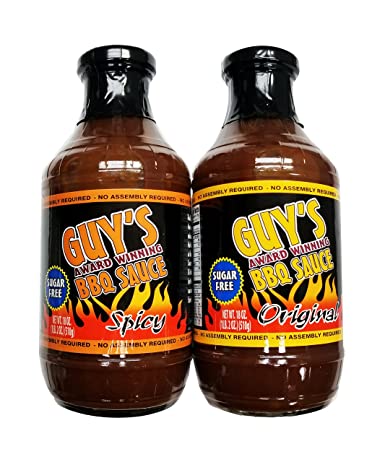 Guy's Award Winning Sugar Free BBQ Sauce - Original & Spicy Combo Pack - 18 oz Bottle of Each Original and Spicy Barbecue Sauces