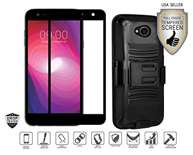 LG X Charge, LG X Power 2, LG Fiesta, LG LS7 4G, Rugged Holster Combo [Kickstand] [Belt Clip] [Swivel Clip] Hybrid Case Cover with Full Edged Tempered Glass Screen Protector (Black/Black)