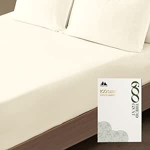 MAYFAIR LINEN Queen Size Fitted Sheet Only - 100% Egyptian Cotton 600 Thread Count Deep Pocket Queen Fitted Sheet, Fitted Sheet Queen Size, Sateen Bottom Sheet, Fits Mattress Upto 18"- Ivory