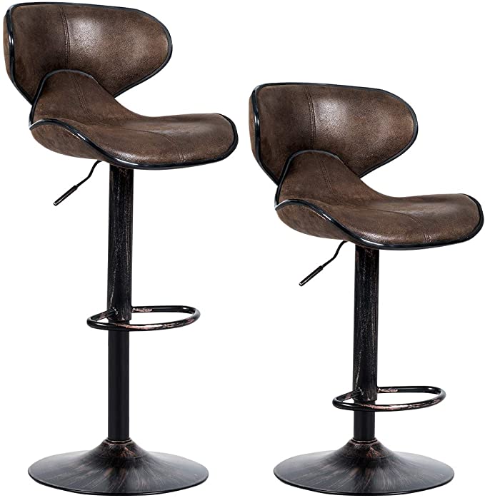 COSTWAY Bar Stools Set of 2, Swivel Adjustable Barstool, Counter Height Chairs w/Backrest and Footrest for Bar, Kitchen, Dining Room, Living Room and Bistro Pub, Retro Brown