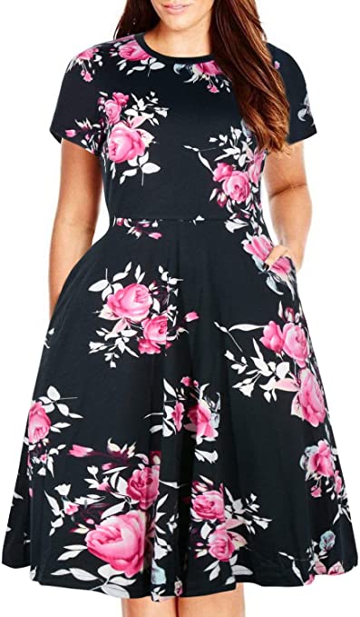 Nemidor Women's Round Neck Summer Casual Plus Size Fit and Flare Midi Dress with Pocket