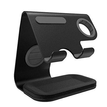 Cell Phone Stand & Apple Watch Stand & Tablet Stand, ZVE 2 in 1 Phone Stand for iPhone X/8/7/7 Plus/6/6 Plus/5S/SE/5, iPad, Samsung Galaxy, Google Nexus, LG, Motorola, Sony, Kindle(Black-Leather)