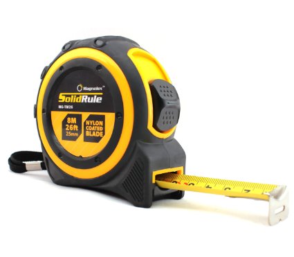Professional Quality Tape Measure Magnelex SolidRule For Construction, Home Use, Hobbies, DIY, Smooth Sliding Nylon Coated Measuring Tape Ruler, Strong Belt Clip, Rubber Covered Case - 26-Foot (8m)