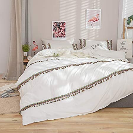 Softta Boho Duvet Cover King White 3 Pcs Bohemian Style Modern Bedding Girls Bedding Fringed Tassel and Ruffle 100% Washed Cotton Zipper Closure