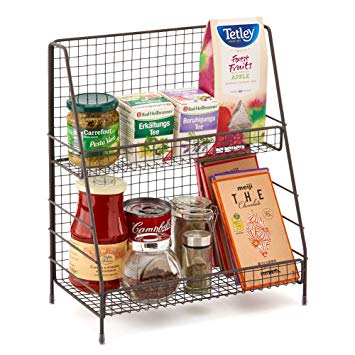 EZOWare 2-Tier Organiser Rack, Wire Basket Storage Container Countertop Shelf for Kitchenware Bathroom Cans Foods Spice Office and more - Rustic Brown