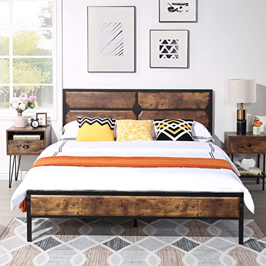 VECELO Full Bed Frame Metal Platform with Wooden Headboard & Footboard /Mattress Foundation/ Strong Metal Slats Support No Box Spring Replacement/Easy Assemble