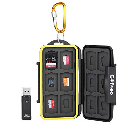 GoFriend® Water-Resistant 24 Slots Memory Card Carrying Cases Professional Anti-shock Holder Storage SD SDHC SDXC and Micro SD TF Cards Protector Cover with Carabiner & Card Reader