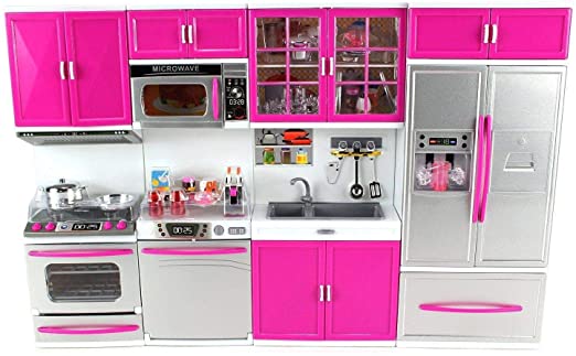 Deluxe Modern Kitchen' Battery Operated Toy Kitchen Playset Lights and Sound, Perfect for Use with 11.5" Tall Dolls