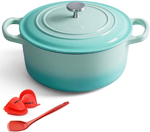 M-cooker 4.5 Quart Enameled Dutch Oven with Self Basting Lid Household Cast Iron Soup Pot Non-stick Enamel Pot with Silicone Gloves and Anti-hot Silicone Shovel (Mint Blue)
