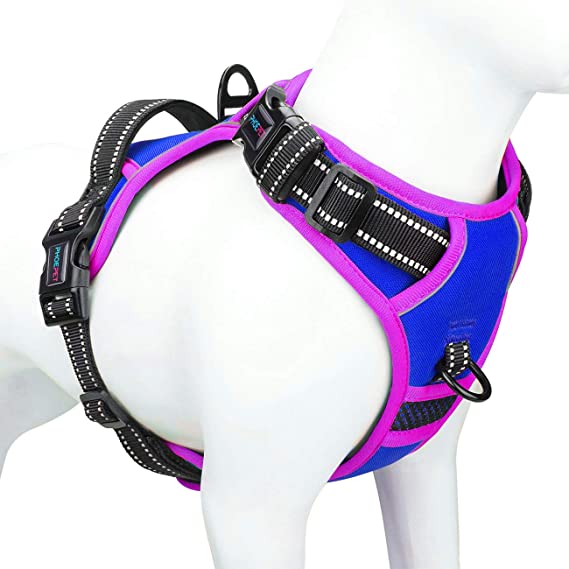 PHOEPET 2019 Upgraded No Pull Dog Harness, Unique Colors Reflective Adjustable Vest, with a Training Handle   2 Metal Leash Hooks  3 Snap Buckles  4 Slide Buckles [Easy to Put on & Take Off]