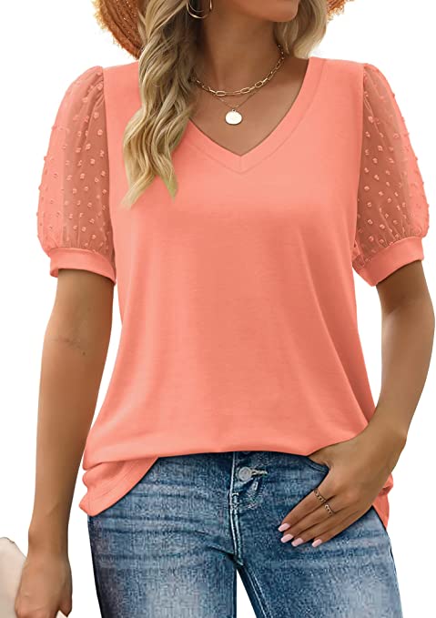 Aokosor Womens Summer Tops V Neck T Shirts Swiss Dot Puff Sleeve Tops Loose Casual Tshirts