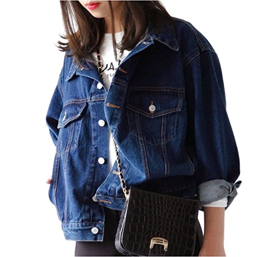 Women's Loose Fit Denim Jacket Full Sleeve Punk Blue Jeans Boyfriend Style Coat