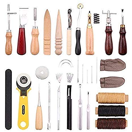 Kendray 31 Pieces Leather Sewing DIY Leather Craft Hand Stitching Tools Set with Groover Awl Edge Creaser Waxed Thread Sewing Needles Blades Beveler Rotary Cutter