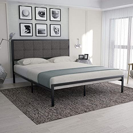 Urest Queen Bed Frame/Upholstered Button Tufted Square Stitch with Headboard/Mattress Foundation/Platform Bed Easy Assembly/No Box Spring Needed/Strong Metal Slat Support,Dark Grey