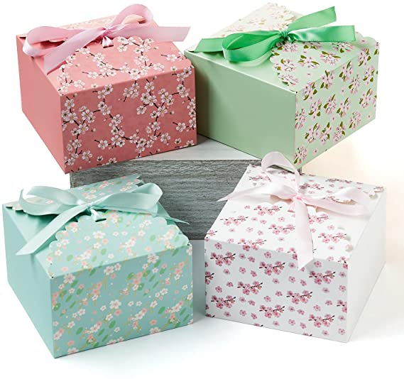 Hayley Cherie - Floral Gift Treat Boxes with Ribbons (20 Pack) - Thick 400gsm Card - 5.8 x 5.8 x 3.7 Inches - Use for Cakes, Cookies, Goodies, Candy, Party Christmas, Birthdays, Weddings (Pastel)