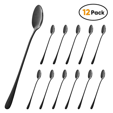 Ice Cream Spoon,Woaiwo-q Black Stainless Steel Spoon Set,Long Handle Ice Tea Spoon Mixing Spoon Long Spoon Dessert Spoon Set of 12 (Ice spoon)