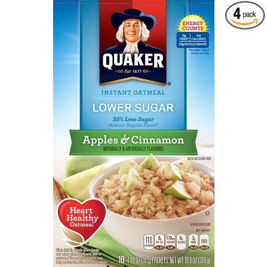 Quaker Instant Oatmeal, Lower Sugar, Apples & Cinnamon, Breakfast Cereal, 1.09 ounce,10 count  (Pack of 4)