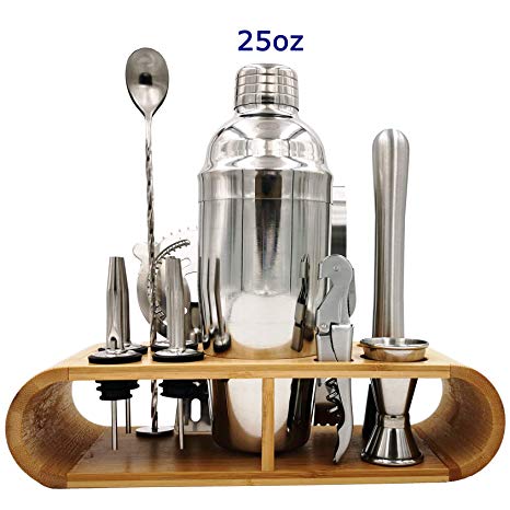 Cocktail Shaker Set 12 Pcs Bartender Kit With Polished Bamboo Stand 25 Oz Shaker Jigger Mixing Spoon Ice Broken Stick Strainer Ice Tongs Wine Opener Spouts for Cocktail Makers by RY Home