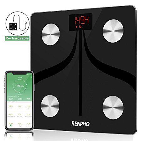 RENPHO Smart Bluetooth Body Fat Scale USB Rechargeable Digital Bathroom Scale w/IOS & Android app Wireless Body Composition Monitor for Body Weight, Body Fat%, BMI, Water, Muscle Mass, 396 Pounds