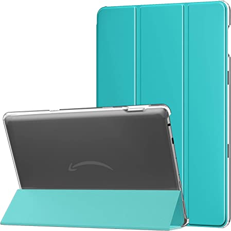 MoKo Case Fits All-New Kindle Fire HD 10 & 10 Plus Tablet (11th Generation, 2021 Release) 10.1" - Slim PU Leather Trifold Stand Cover Frosted Hard Back Shell with Auto Wake/Sleep, Peacock Blue