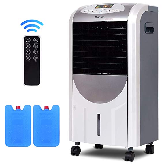 COSTWAY 5 in 1 Compact Air Cooler | Heater | Humidifier | Fan | Purifier with Fan Filter, Humidifier, Ice Crystal Box, LED Panel, 8 Hours Timer, 3 Speed, 7L Water Tank, 4 Wheels, Remote Control