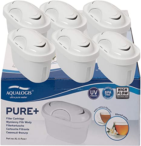 Aqualogis Pure  Water Filter Cartridge Compatible with BRITA Maxtra & Maxtra  Plus, Aluna, Style, Elemaris, Marella, Fun Jug, Pitcher, Tassimo (6 Pack)