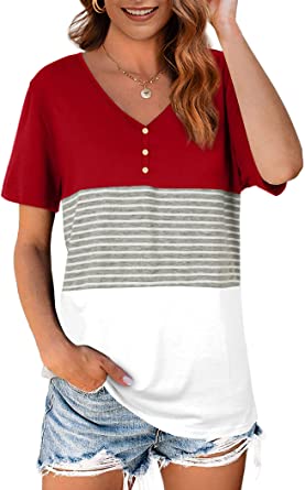 Womens Summer Tops Loose Fit Color Block Short Sleeve T Shirts Button Up