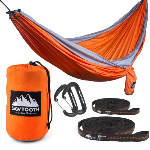 Sawtooth Double Camping Hammock with Free Tree Straps and Premium Carbiners. Best Multifunctional, Portable Nylon Hammock with Utility Loops