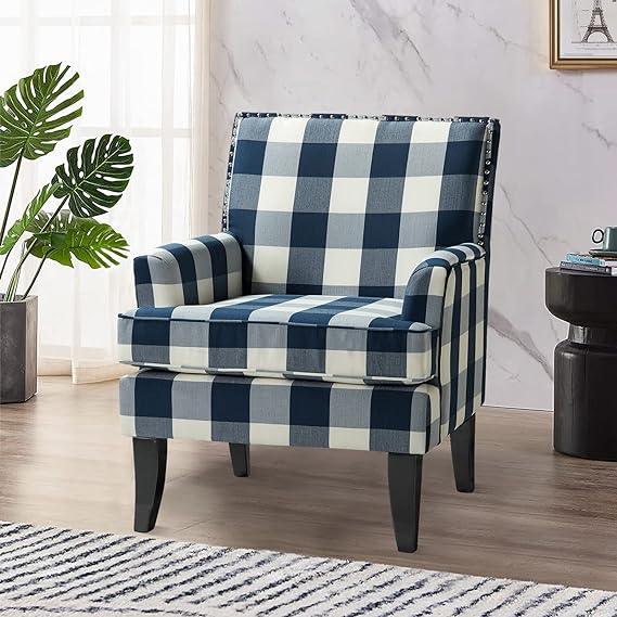 HULALA HOME Modern Accent Chair with Arms and Wooden Legs, Buffalo Plaid Accent Chair Armchair High Back Rest, Padded Armrest and Comfortable Cushioned Seat for Living Room (Buffalo Navy)