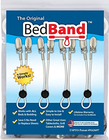 Bed Band- White. Original Bed Sheet Holder Straps (1 Pack) - USA Company- Sheet Grippers Suspenders with Smart Cordlock Button - Adjustable Fitted Sheet Holders with Bedsheet Clips - Corner Fasteners.