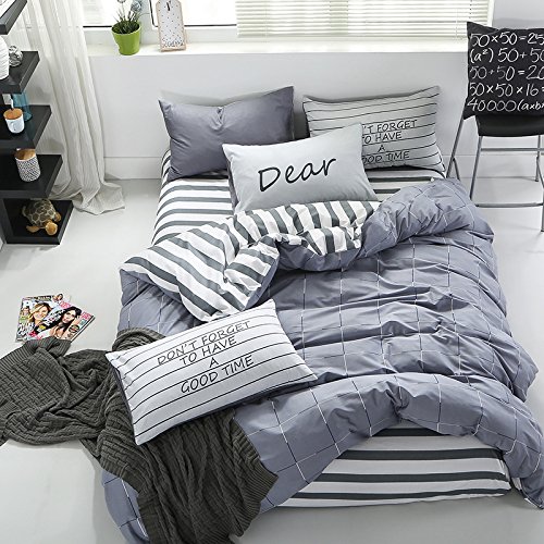 InfiniteS 3 Pieces Duvet Cover Set 100% Cotton With Stripe Pattern Printed of 1 Piece Duvet Cover and 2 Pieces Pillow Shams Full/Queen Size (Style 09)