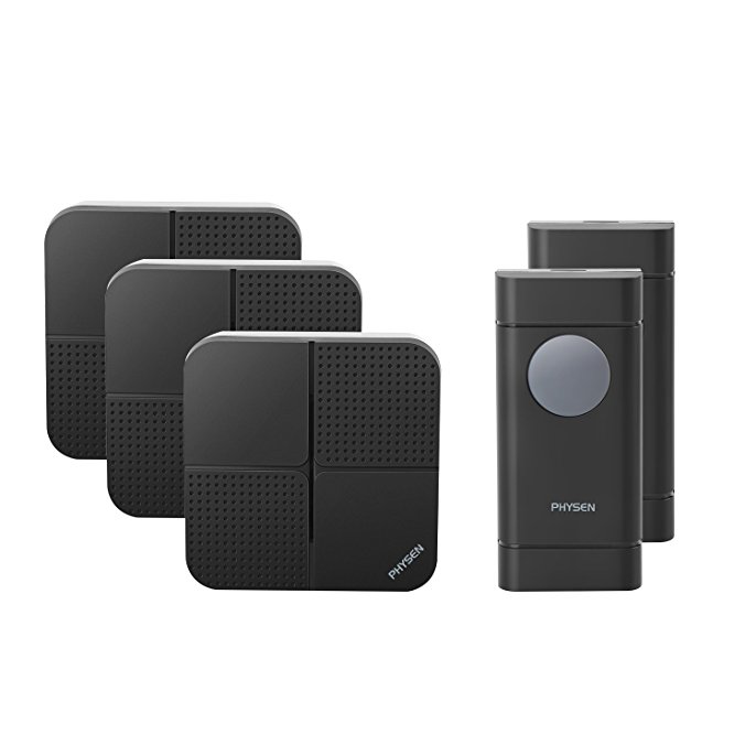 Wireless Doorbell Kit PHYSEN Mini Waterproof 2 Push Buttons and 3 Plugin Receivers,Operating up to 500 Feet Range,4 Adjustable Volume Levels and 52 Chimes, No Battery Required for Recevier, Black