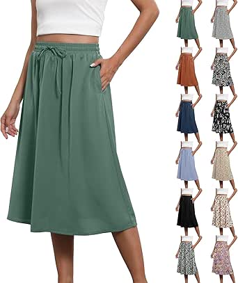 Womens Skirts with Pockets, Drawstring High Waist Boho Skirts for Women, Trendy Summer Flowy Floral Midi Skirts