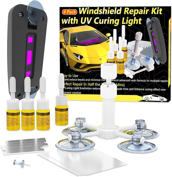 Windshield Repair Kit, Windshield Crack Repair for Chips and Cracks, Glass Repair Fluid with Pressure Syringes, Car Windshield Chip Repair Kit Quick Fix for Chips, Cracks, Star-Shaped Crack(4Pcs)