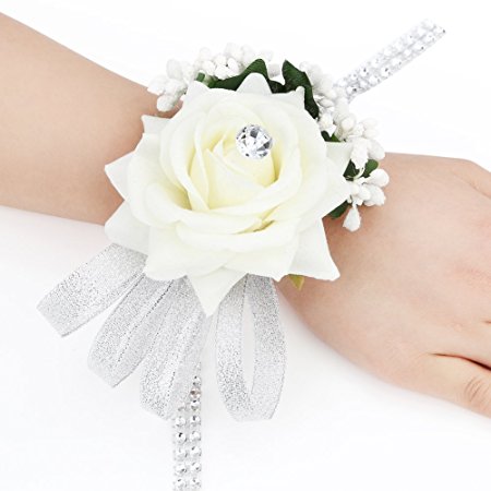 FAYBOX Velvet Open Rose Silvery Bling Ribbon Rhinestone Stretch Bracelet Wedding Prom Wrist Corsage Hand Flower Pack of 4 Ivory