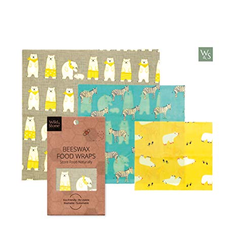 Organic Beeswax Reusable Food Wraps | Natural Alternative to Plastic wrap | Sustainable & Environmentally Friendly | by Wild & Stone | Animal Patterned Set of 3 (Yellow/Grey Bear and Zebra)