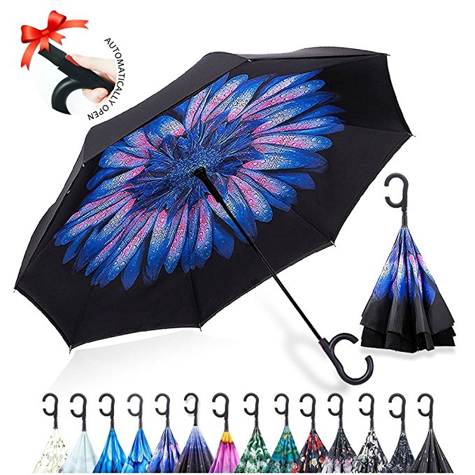 ZOMAKE Auto Open Double Layer Inverted Umbrella Cars Reverse Umbrella, UV Protection Windproof Large Straight Umbrella for Car Rain Outdoor With C-Shaped Handle