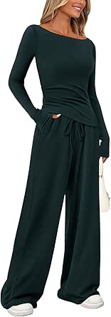 PRETTYGARDEN Women's 2 Piece Lounge Sets Asymmetrical Long Sleeve T Shirt Wide Leg Pants Casual Outfits Tracksuit