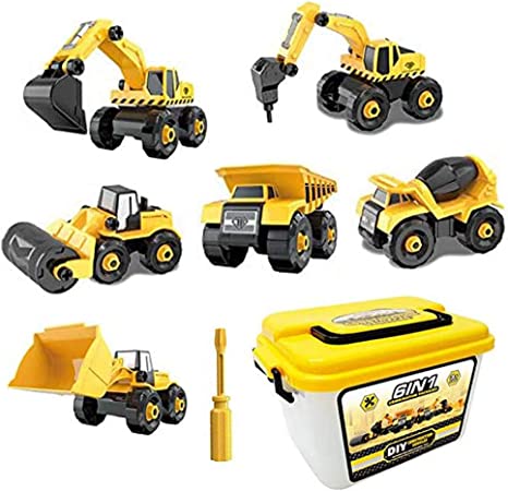 Take Apart Trucks Construction Vehicles Excavators, Set 6 in 1 Toy with Storage Box(Excavator, Bulldozer, Dump Truck, Drilling Truck, Road Roller, Cement Mixer), Play Set for Kids Age 3