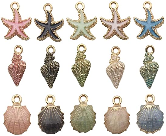 iloveDIYbeads 30pcs Assorted Gold Plated Enamel Ocean Starfish Conch Shell Charm Pendant for DIY Jewelry Making Necklace Bracelet Earring DIY Jewelry Accessories Charms (M156)