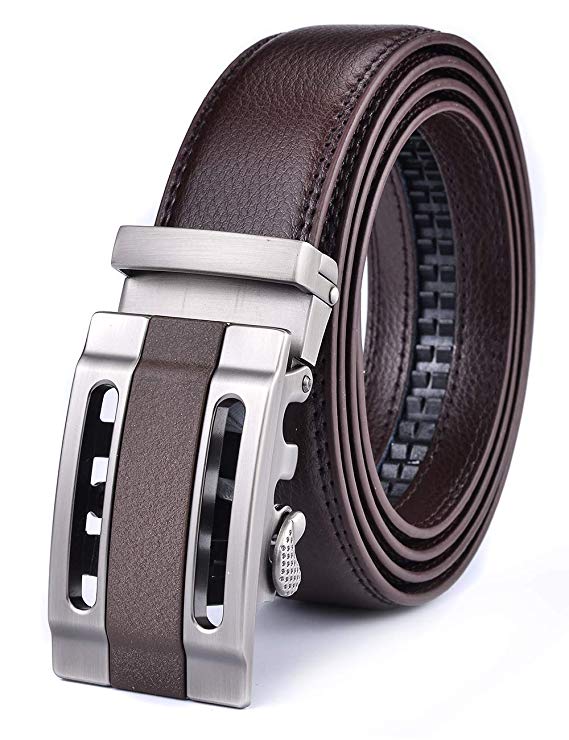 XDeer Leather Ratchet Belts for Men, Sliding Click Belt with Automatic Buckle (Brown,Adjustable from 36" to 42" Waist)