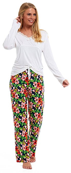 Ladies Lounge Pants 100% JERSEY COTTON Bottoms Pyjama TIE WAIST Elasticated Trousers Navy Blue Pink Cream Grey Turquoise Floral Fair Isle Hello Kitty Disney Princess Cinderella Size 8 10 12 14 16 18