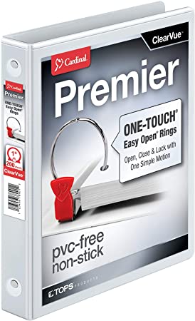 Cardinal 3 Ring Binder, 1 Inch Premier Easy Open Binder, ONE-TOUCH Locking Round Rings, 200-Sheet Capacity, ClearVue Cover, PVC-Free, White (11100)