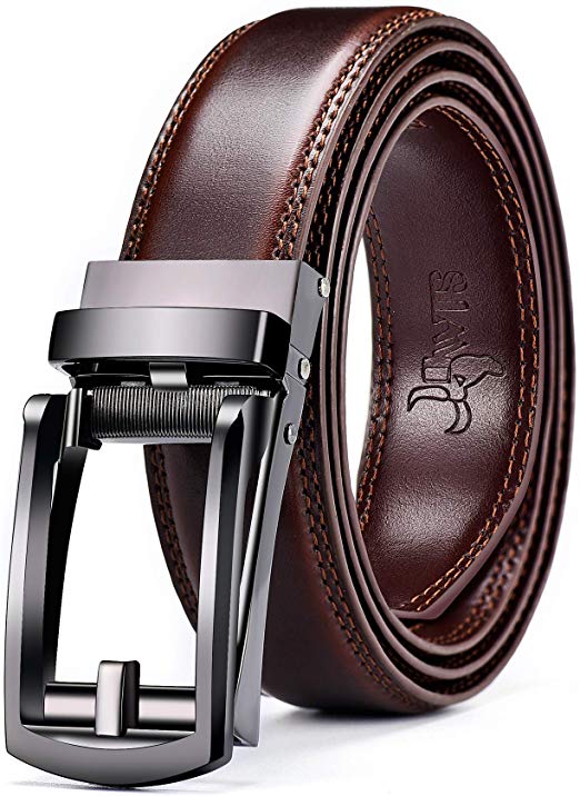 DWTS Men's Belt Ratchet Genuine Leather Dress Belt for Men with Slide Click Buckle Adjustable Trim to Fit