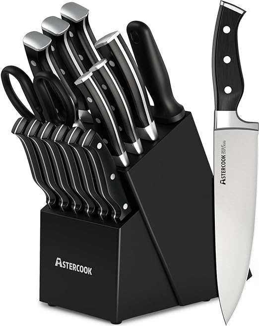 Knife Set, Astercook 15 Pcs Triple Rivet Kitchen Knife Set High Carbon Stainless Steel Knife Sets for Kitchen with Block, Dishwasher Safe, Black