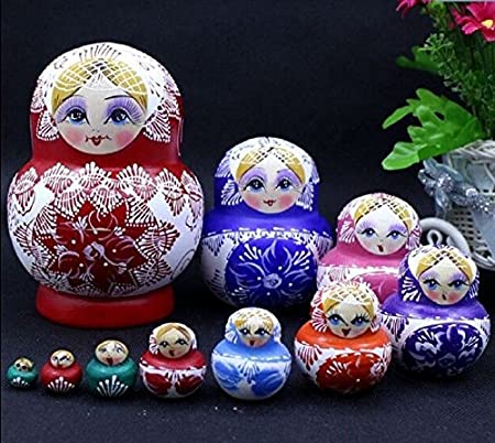 LK K&L10pcs Red_White Flower Russian Nesting Dolls Matryoshka Wooden Toys